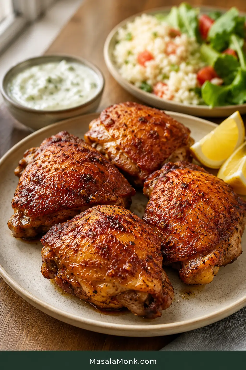 Crispy air fryer chicken thighs served on a plate with lemon wedges, rice, salad, and a creamy dipping sauce.