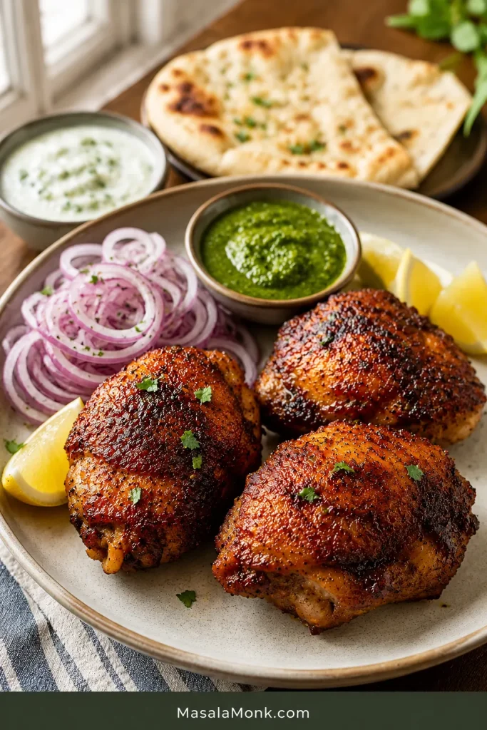 Crispy air fryer chicken thighs served with green chutney, yogurt dip, sliced onions, lemon wedges, and naan.