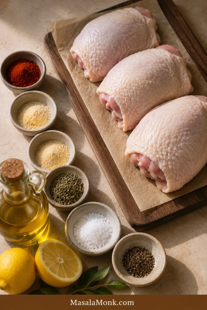 Raw chicken thighs with paprika, garlic powder, herbs, salt, pepper, oil, and lemon arranged on a prep board.