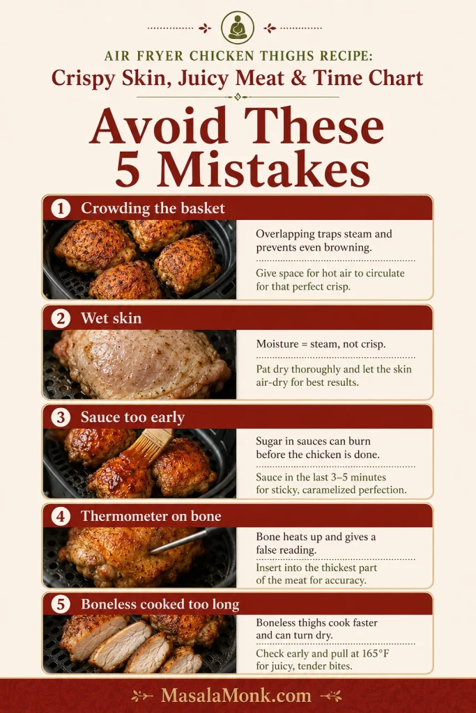 Infographic listing common air fryer chicken thigh mistakes including crowding, wet skin, early sauce, wrong thermometer placement, and overcooked boneless thighs.