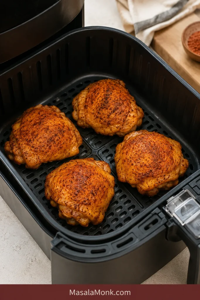 Four seasoned chicken thighs arranged in a single layer with space between them inside a black air fryer basket.
