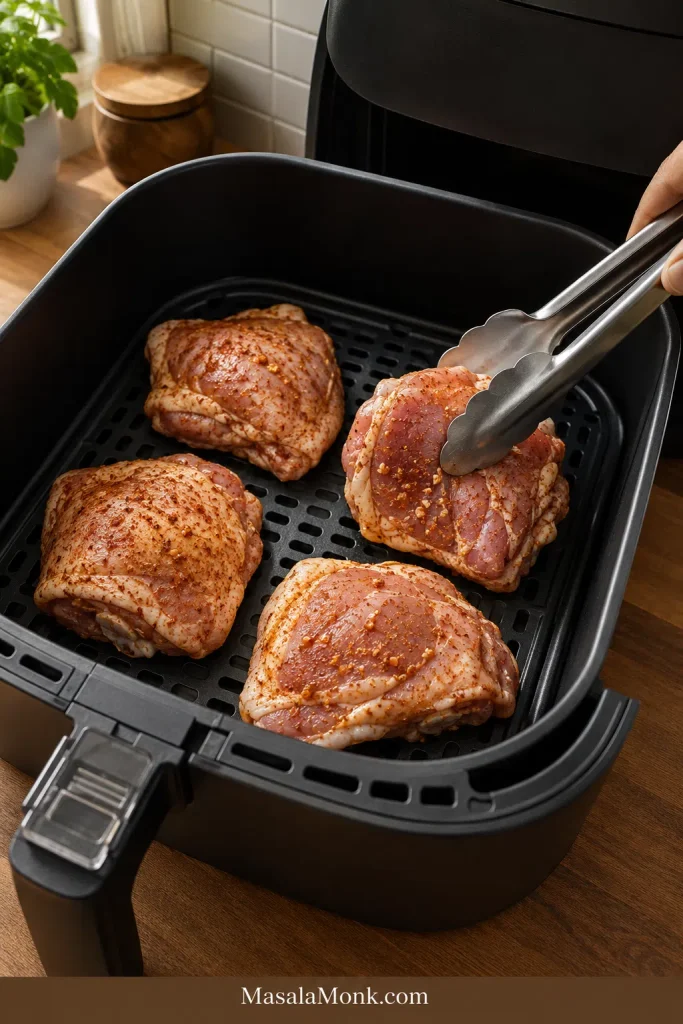 Seasoned chicken thighs placed skin-side down in an air fryer basket with metal tongs.