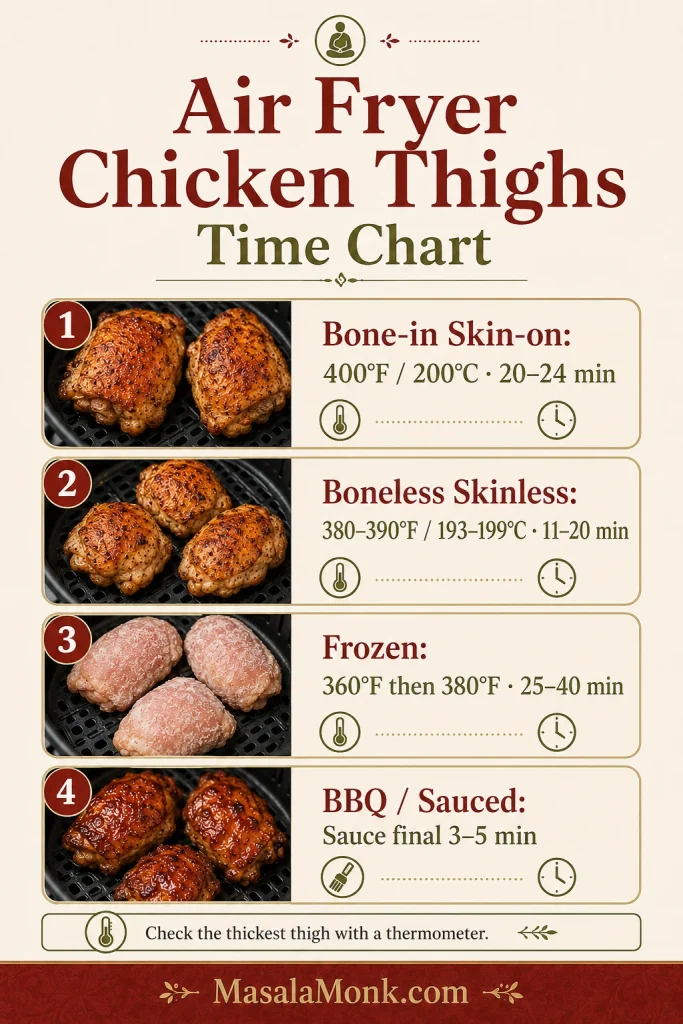 Air fryer chicken thighs time and temperature chart for bone-in, boneless, frozen, and BBQ sauced thighs.