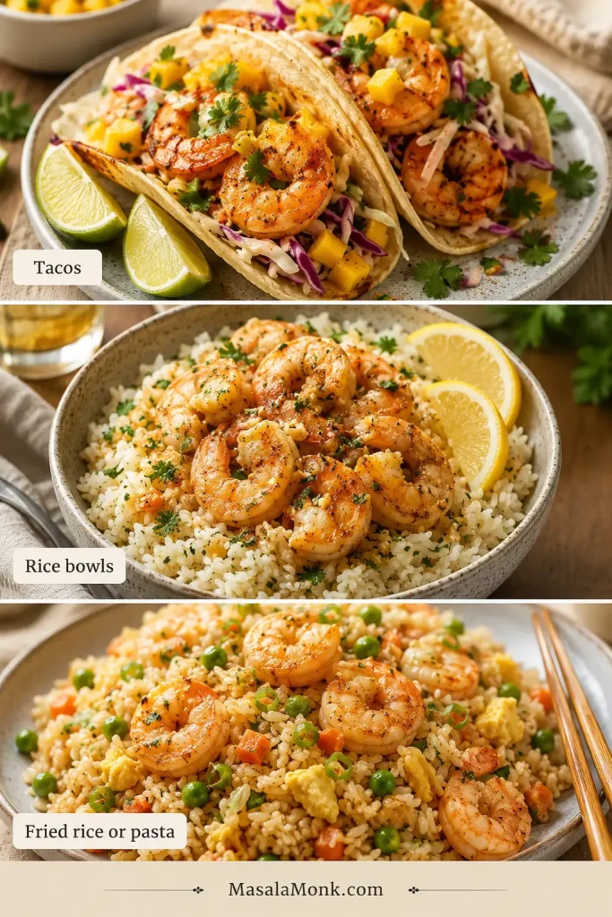 Three-panel collage showing cooked shrimp served as tacos, a garlic butter rice bowl, and shrimp fried rice.