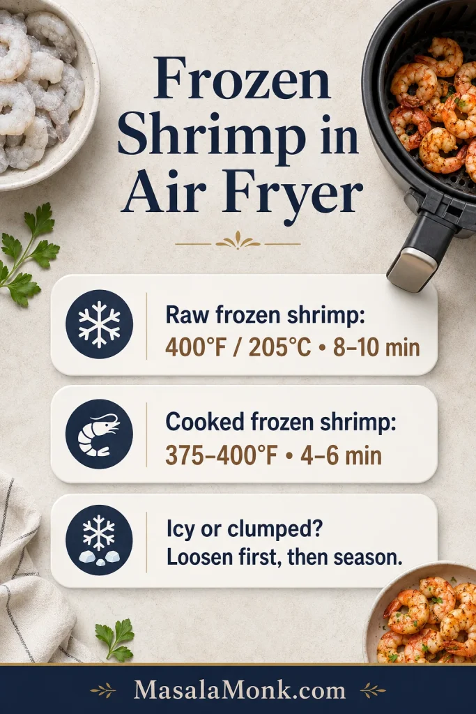 Timing graphic showing raw frozen shrimp at 400°F for 8 to 10 minutes, cooked frozen shrimp for 4 to 6 minutes, and icy shrimp loosened before seasoning.