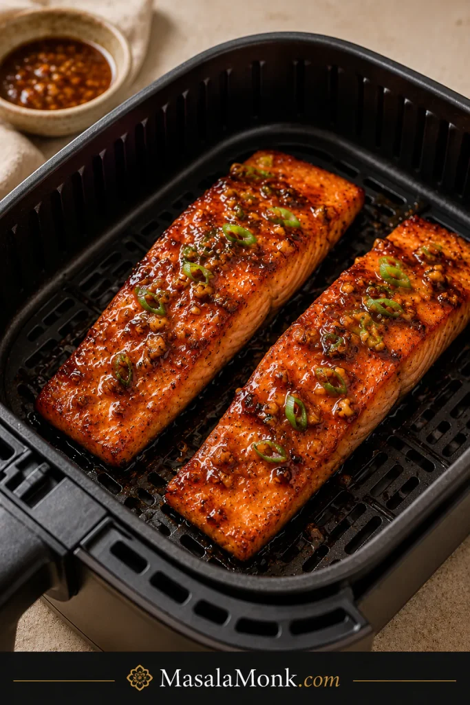 Two honey garlic salmon fillets in a black air fryer basket with caramelized edges and scallions.