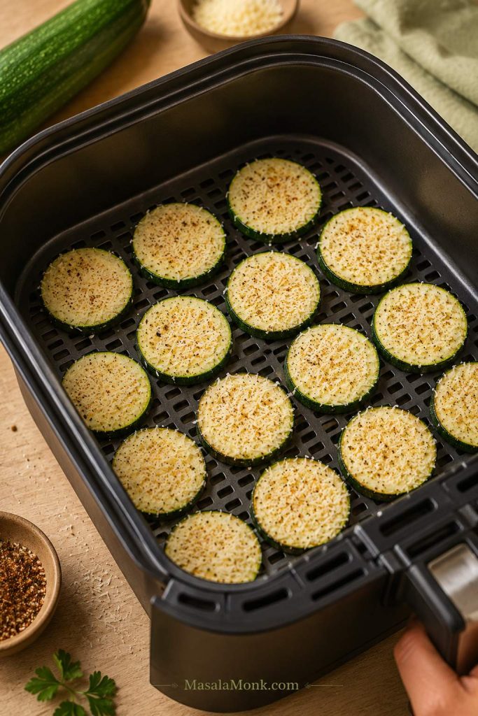 Parmesan-coated zucchini rounds arranged in one layer inside an air fryer basket.