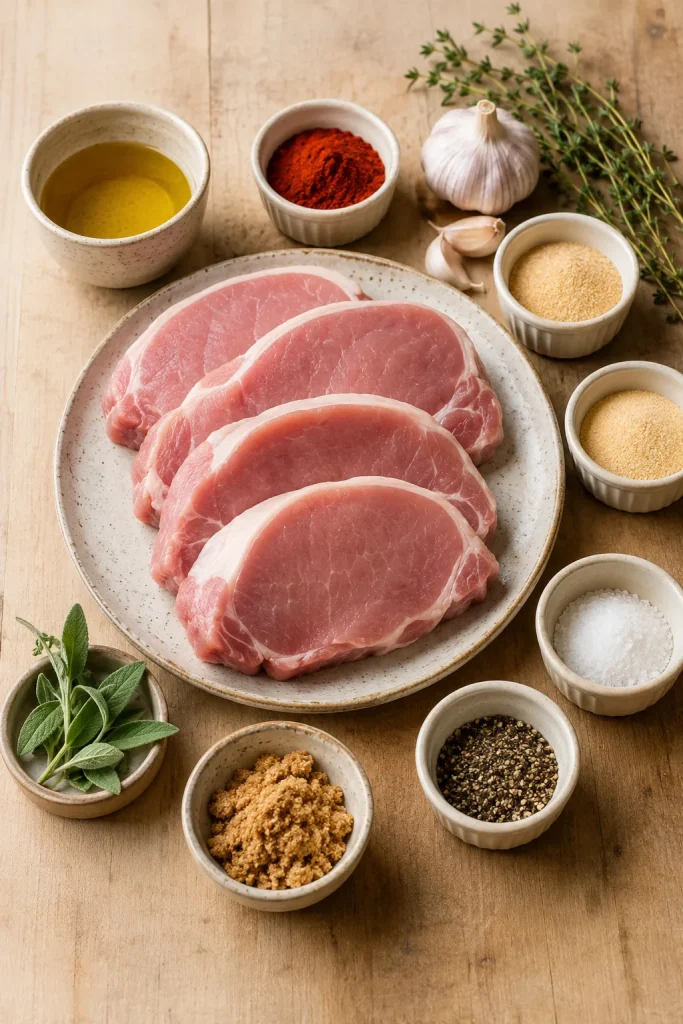 Raw boneless pork chops with oil, paprika, garlic powder, onion powder, salt, pepper, brown sugar, and herbs.