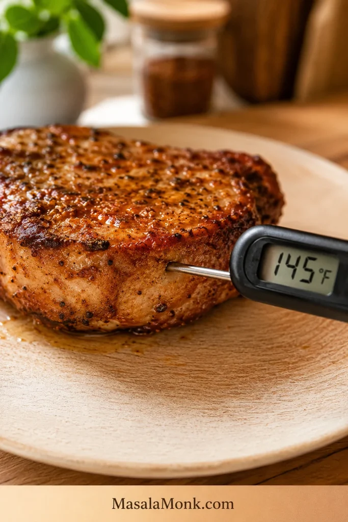 A meat thermometer inserted into a cooked pork chop shows an internal temperature of 145°F.