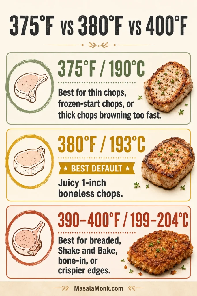 Temperature guide comparing 375°F, 380°F, and 390 to 400°F for cooking different air fryer pork chops.