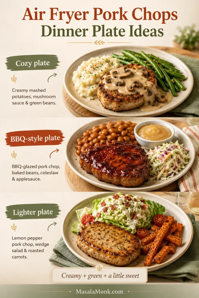 Three air fryer pork chop dinner plates with mashed potatoes, mushroom sauce, baked beans, coleslaw, salad, and roasted carrots.