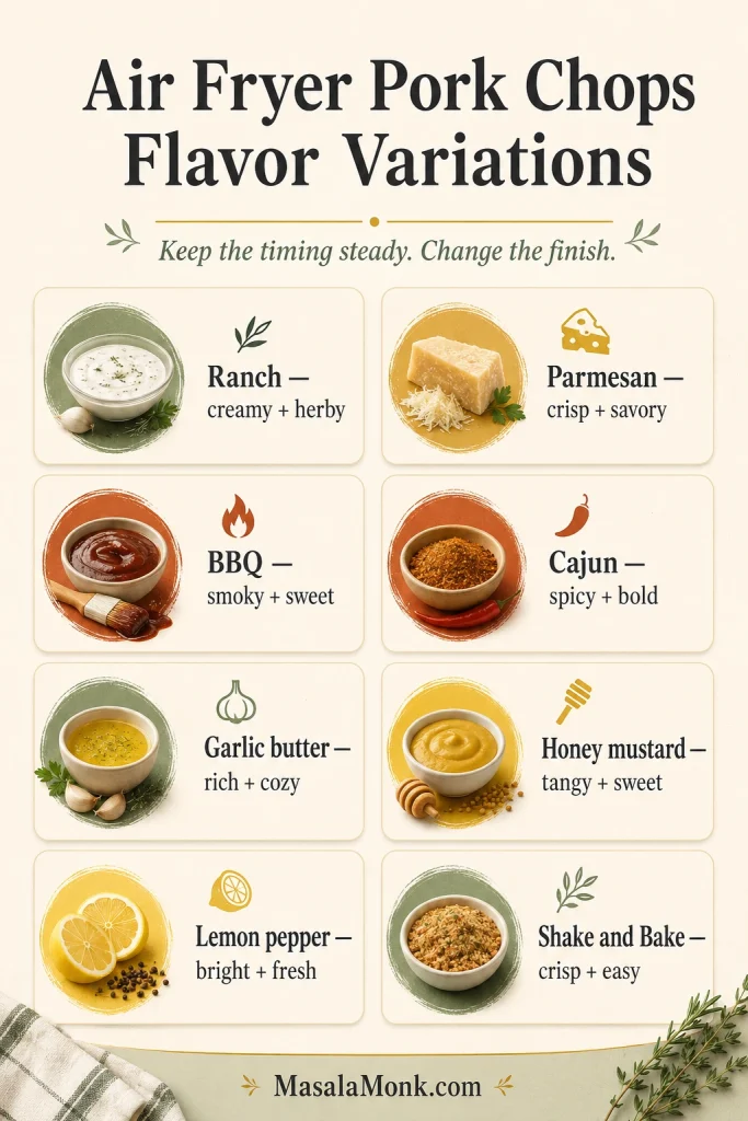 Flavor variation guide for air fryer pork chops with ranch, parmesan, BBQ, Cajun, garlic butter, honey mustard, lemon pepper, and Shake and Bake ideas.