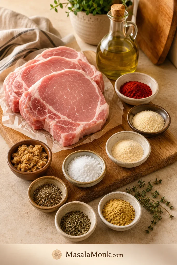 Raw pork chops with olive oil, smoked paprika, garlic powder, onion powder, salt, pepper, brown sugar, and herbs.