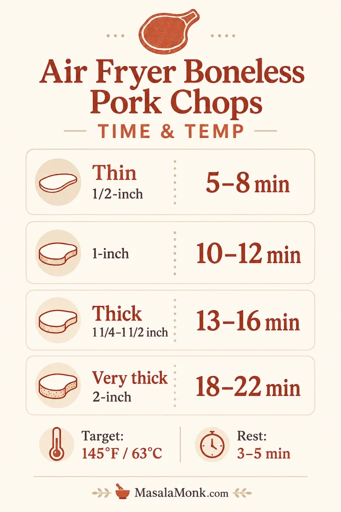 Air fryer boneless pork chops time and temperature chart organized by thickness.