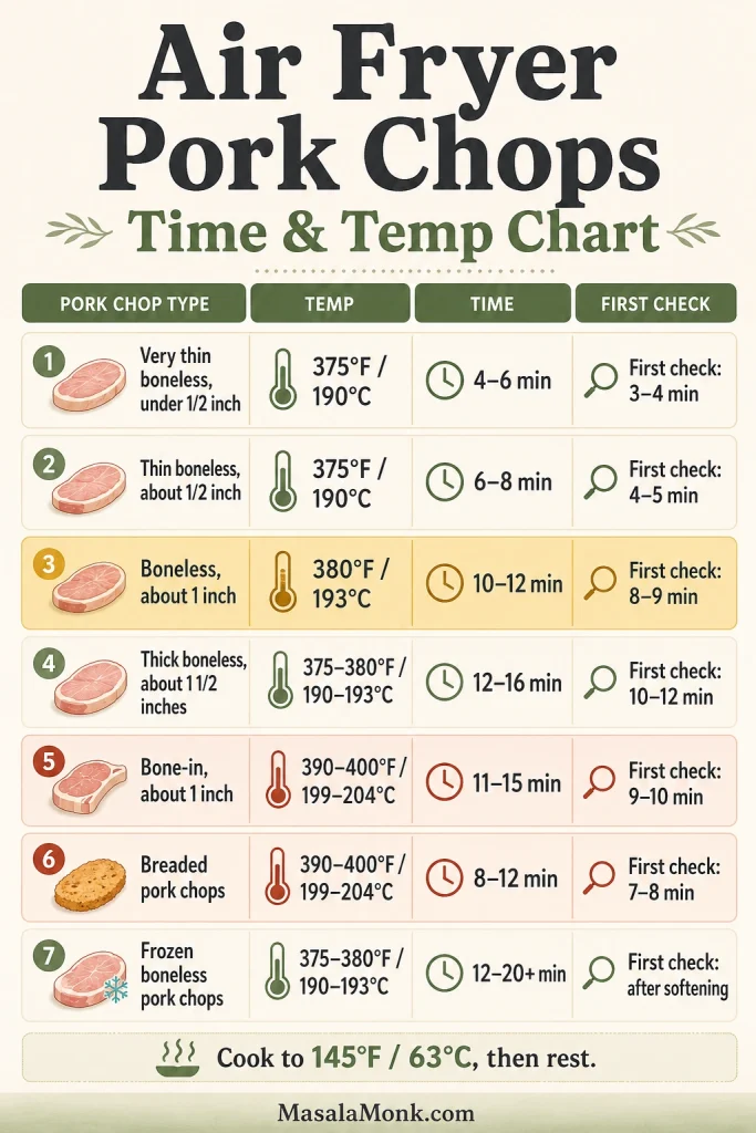Air fryer pork chops time and temperature chart with cook times and first-check times for different pork chop cuts.