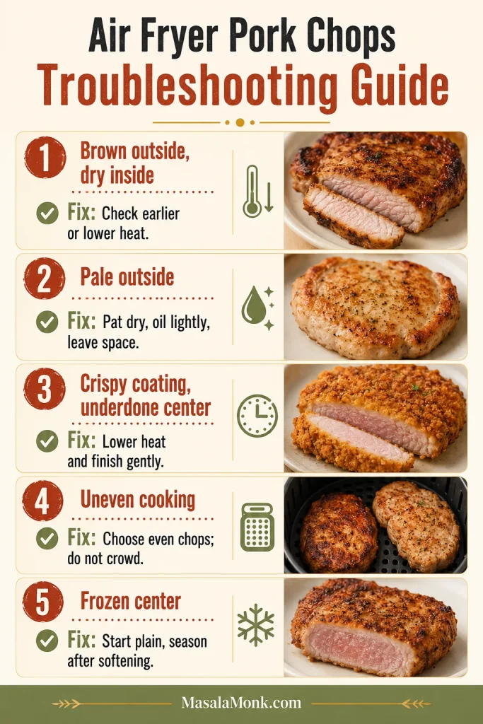 Troubleshooting guide for air fryer pork chops with fixes for dry centers, pale outsides, uneven cooking, and frozen centers.