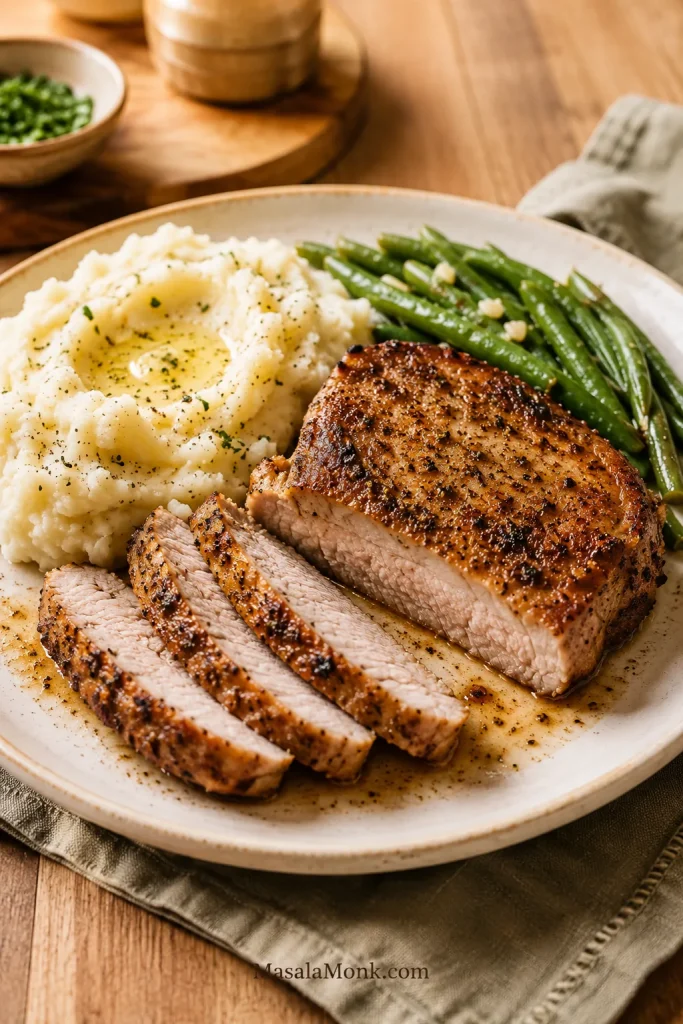 Air fryer boneless pork chops served with mashed potatoes and green beans.