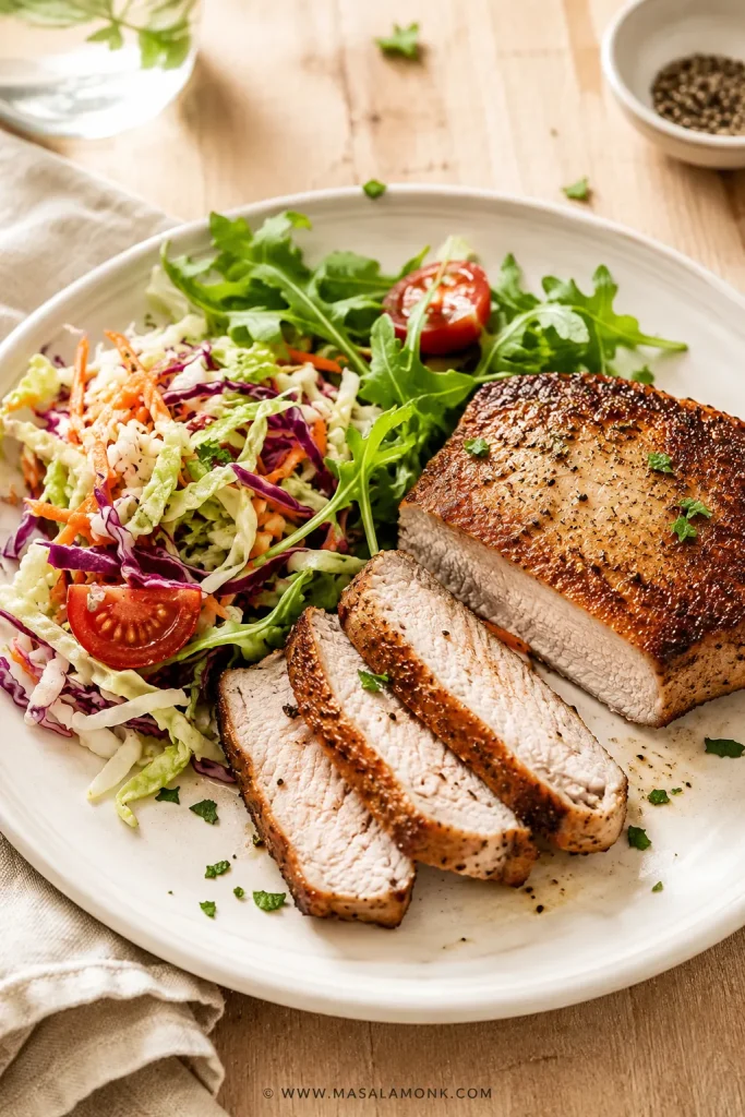 Air fryer boneless pork chops served with slaw, greens, and tomatoes.