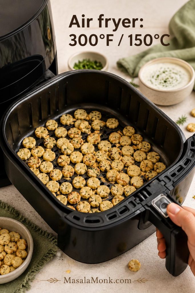 Ranch oyster crackers cooked in a thin layer inside an air fryer basket.