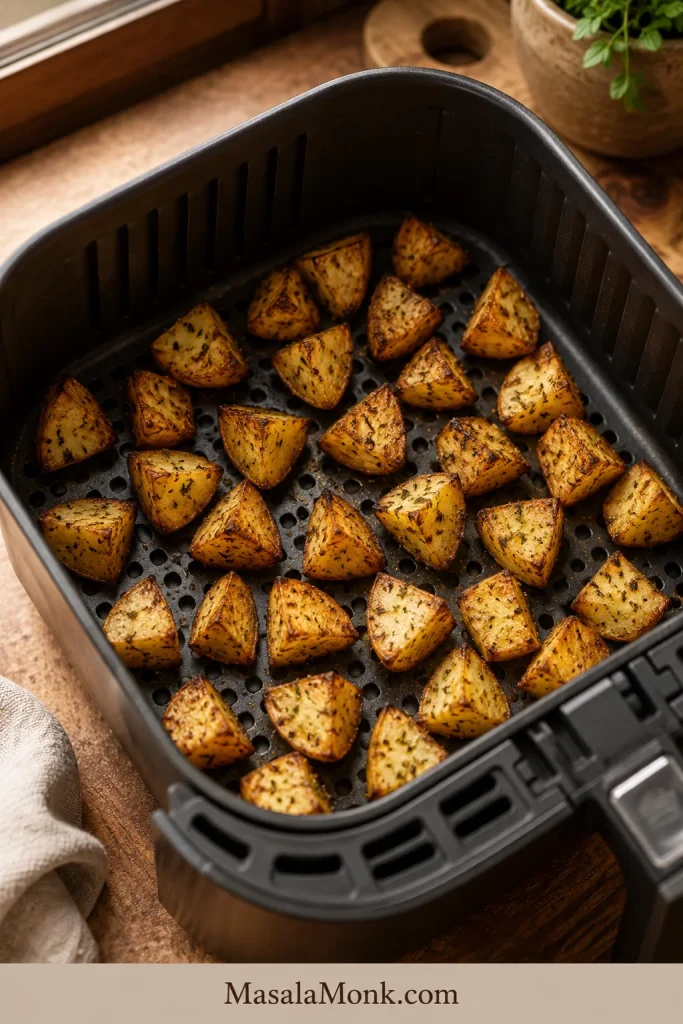 Ranch seasoned potato chunks with browned edges arranged in a single layer inside an air fryer basket.