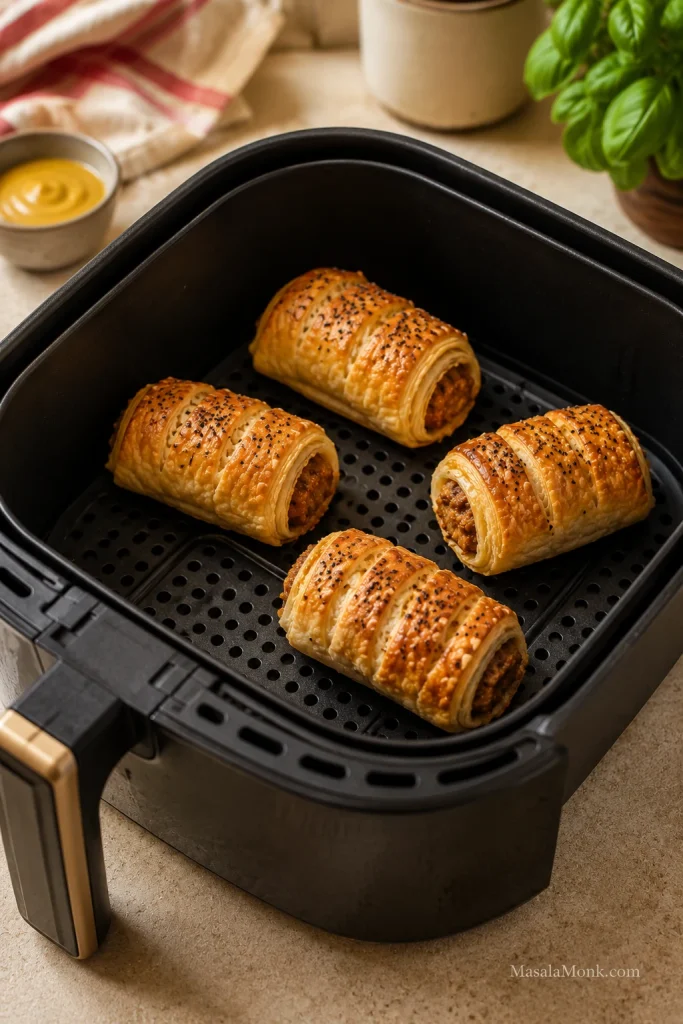 Golden sausage rolls arranged in one layer inside a clean air fryer basket.