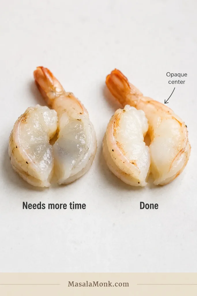 Cut shrimp comparison showing a grey glassy center labelled needs more time and an opaque white center labelled done.