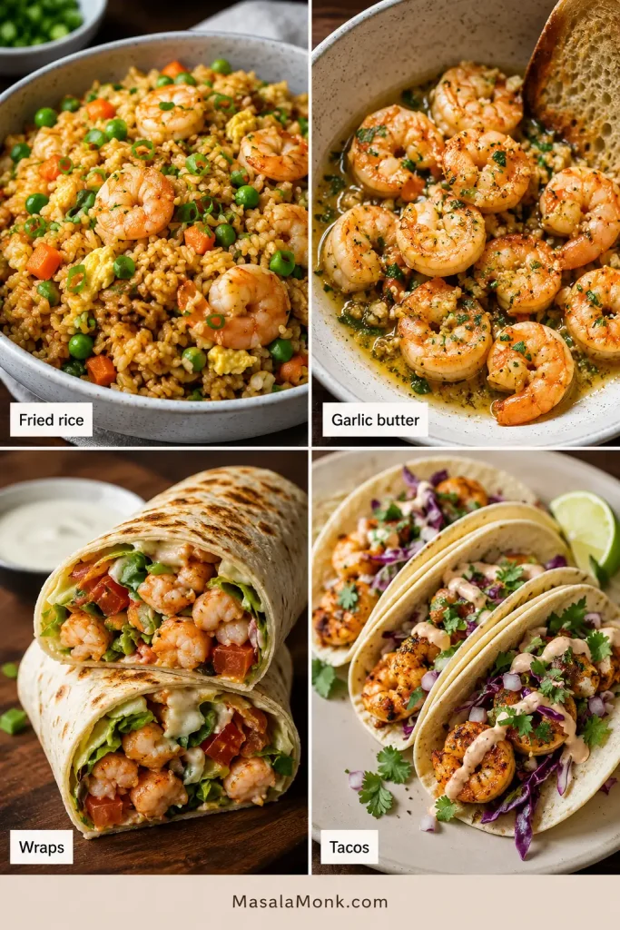 Four-panel collage showing air fryer shrimp used in fried rice, garlic butter shrimp, wraps, and tacos.