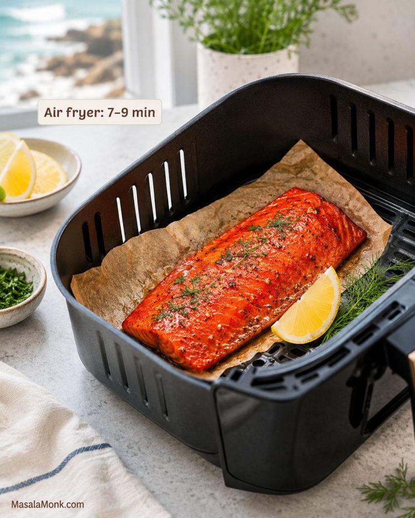 Air fryer basket with a cooked sockeye salmon fillet on parchment, lemon wedge, and herbs.