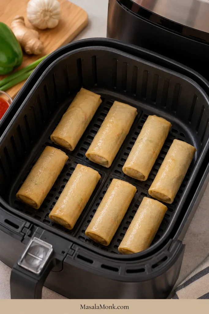 Spring rolls arranged in a single layer inside an air fryer basket with space between each roll.