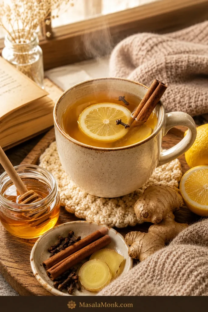 Alcohol-free hot toddy with ginger tea, honey, lemon, cinnamon, cloves, fresh ginger, steam, a book, and a soft blanket near a window.