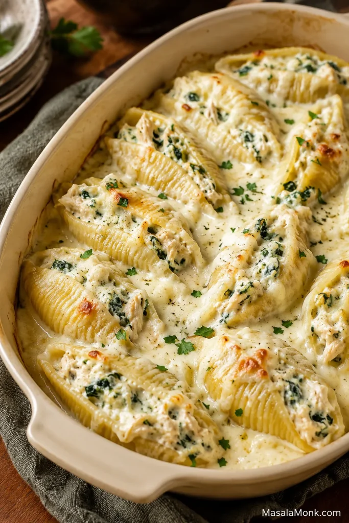 Alfredo stuffed shells with creamy white sauce, spinach, and melted mozzarella in a baking dish.
