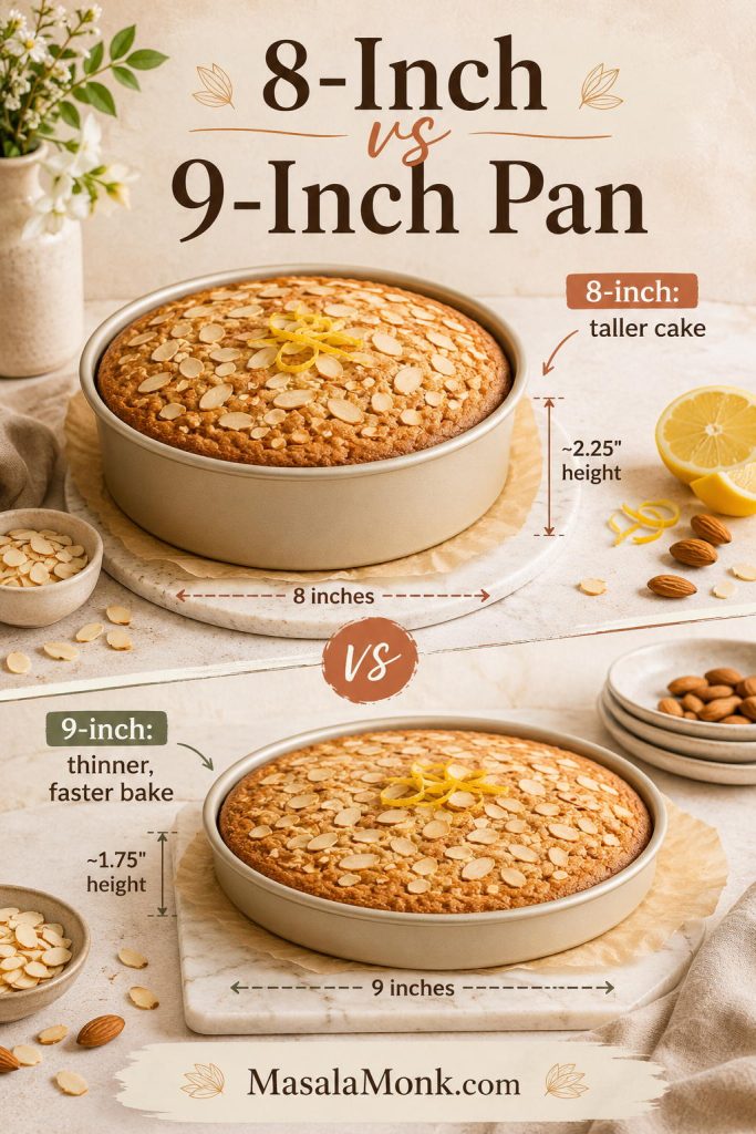 Comparison of almond cake baked in 8-inch and 9-inch pans, showing taller and thinner results.