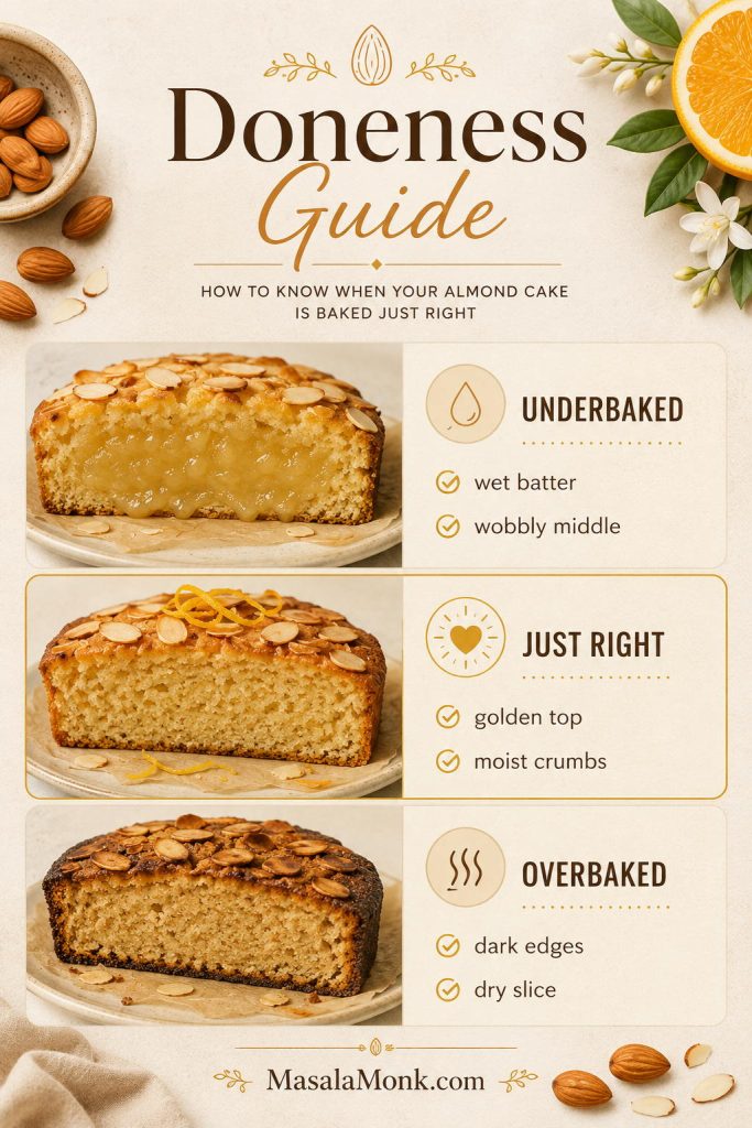 Doneness guide comparing underbaked, just-right, and overbaked almond cake slices with toothpick cues.