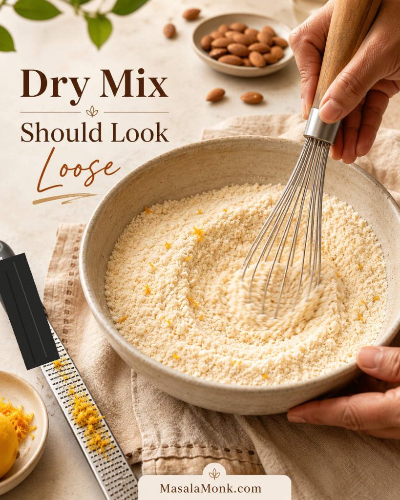 Almond flour dry mixture being whisked with citrus zest until loose and clump-free.