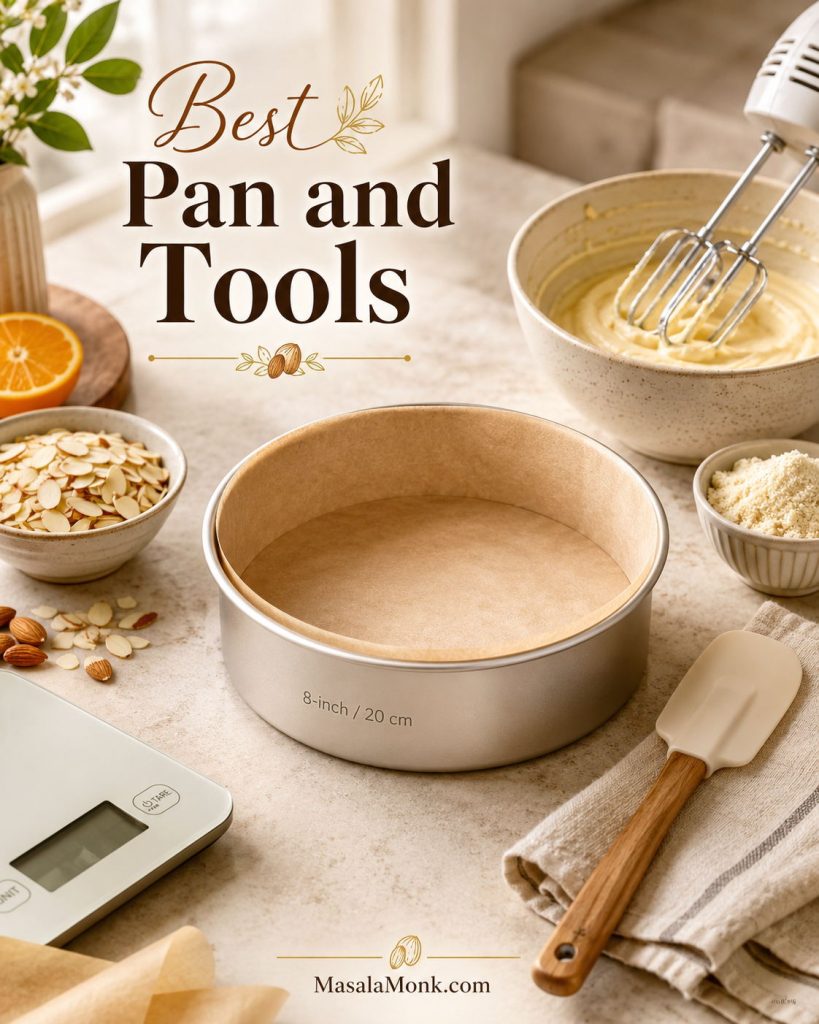 Almond cake equipment with parchment-lined round pan, whisk, spatula, bowls, kitchen scale, and sliced almonds.