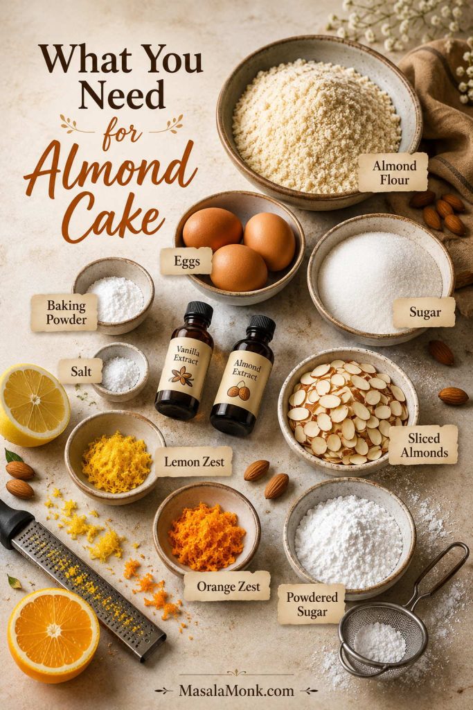 Almond cake ingredients in bowls, including almond flour, eggs, sugar, citrus zest, extracts, baking powder, salt, and sliced almonds.