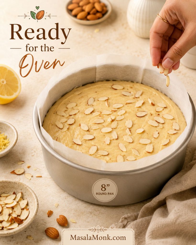 Almond cake batter in a parchment-lined round pan topped with sliced almonds before baking.