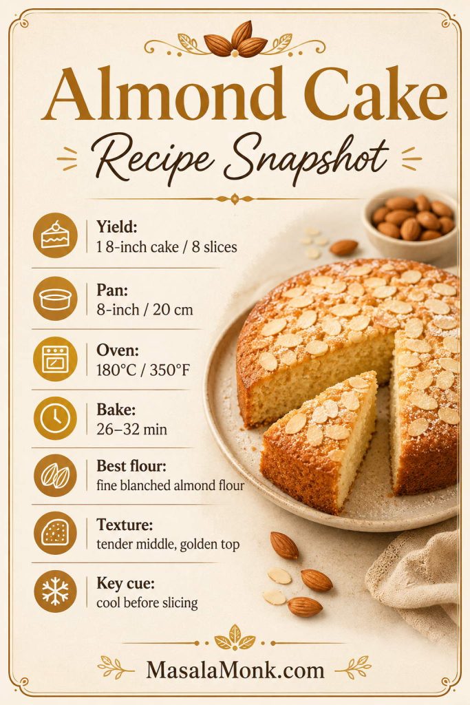 Almond cake recipe snapshot board with yield, pan size, oven temperature, bake time, flour choice, texture target, and cooling cue.