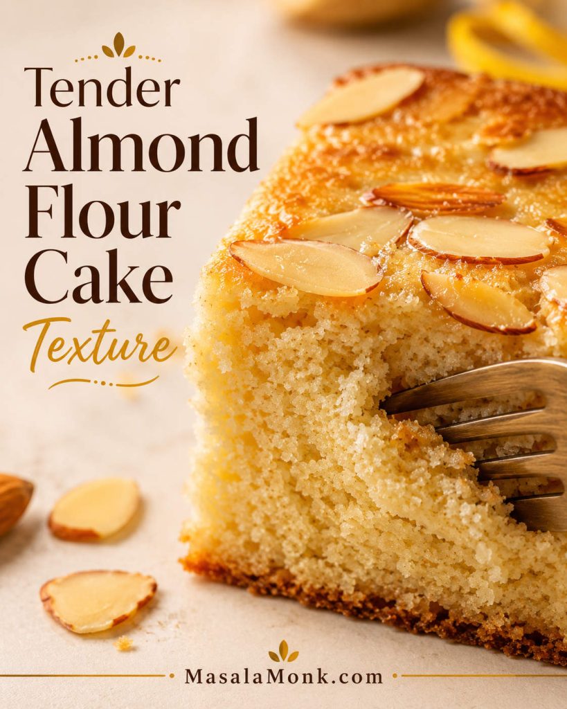 Close-up almond flour cake slice with sliced almonds on top, browned edge, and fork near the crumb.