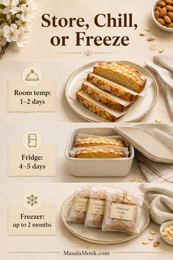 Almond cake storage guide showing room temperature slices, fridge container, and freezer-wrapped portions.