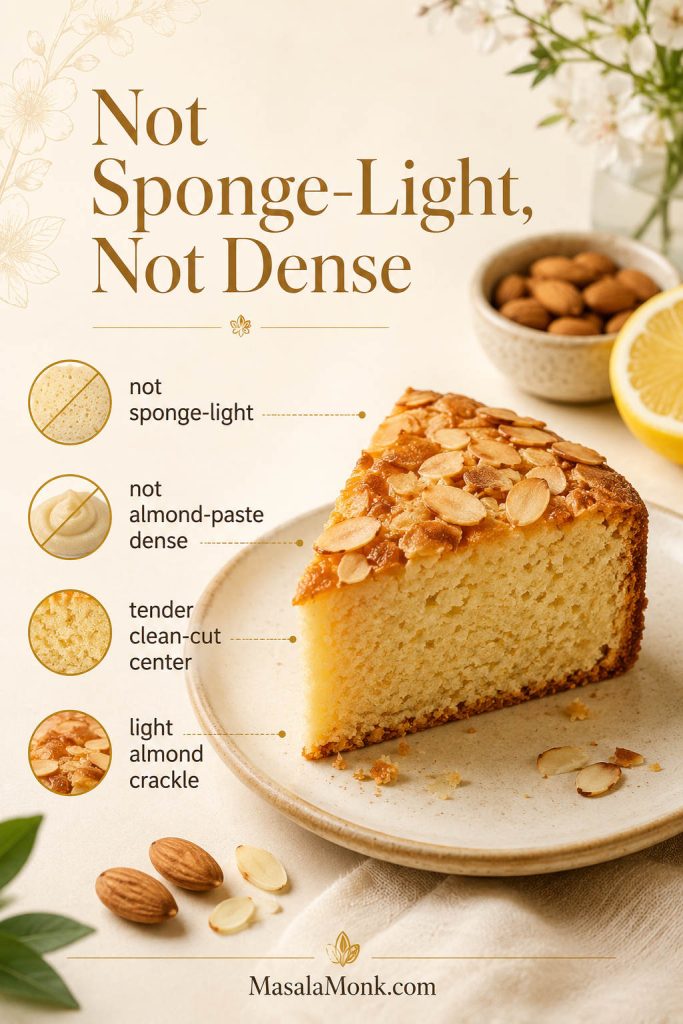 Almond cake texture guide showing a slice with notes about tender center, almond top, and not-too-dense texture.