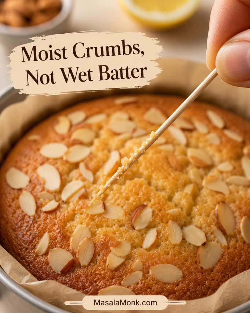 Toothpick pulled from almond cake with moist crumbs and no wet batter.