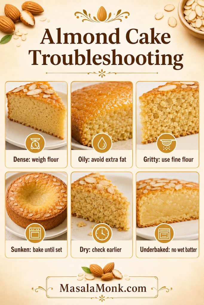 Almond cake troubleshooting board showing dense, oily, gritty, sunken, dry, and underbaked cake problems with fixes.