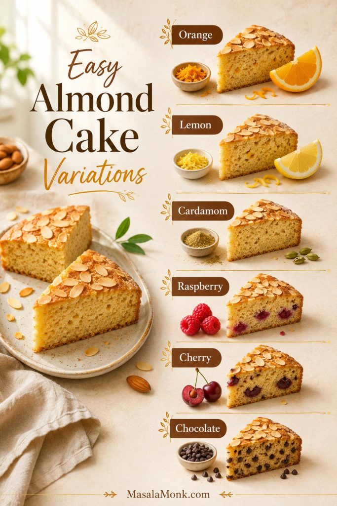 Almond cake variation board with orange, lemon, cardamom, raspberry, cherry, and chocolate options.