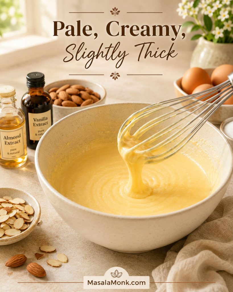 Pale creamy egg yolk and sugar mixture in a bowl with a whisk.