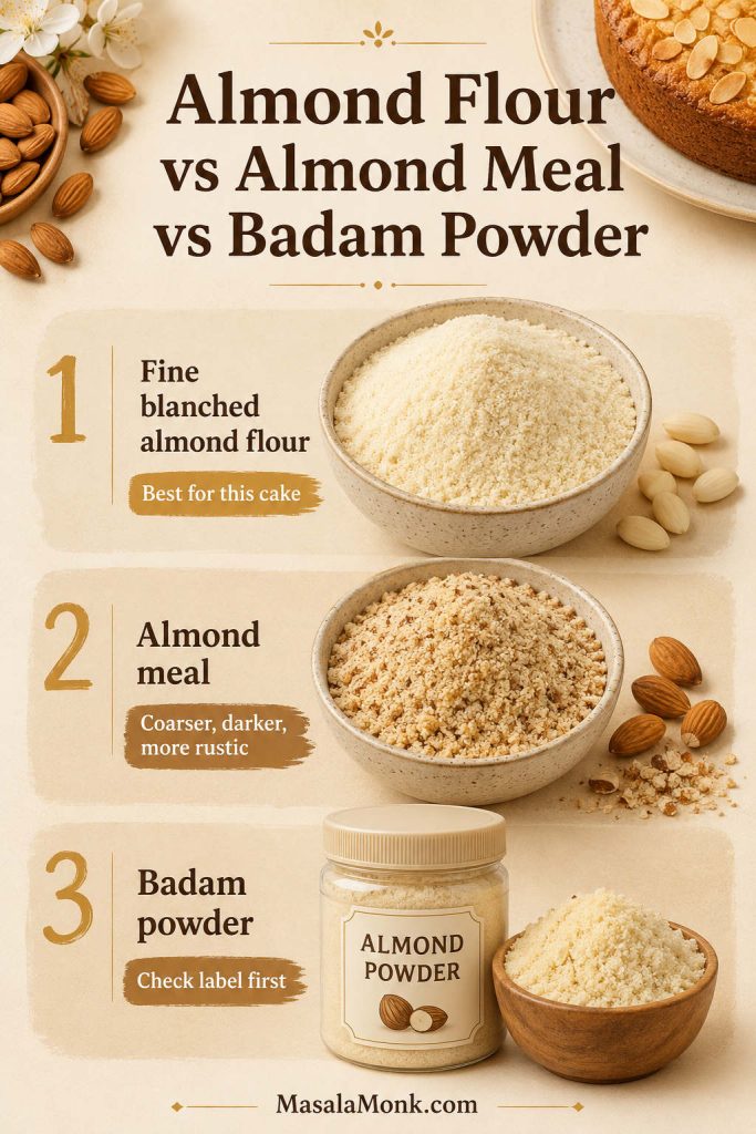 Comparison board showing fine blanched almond flour, almond meal, and badam powder for almond cake.