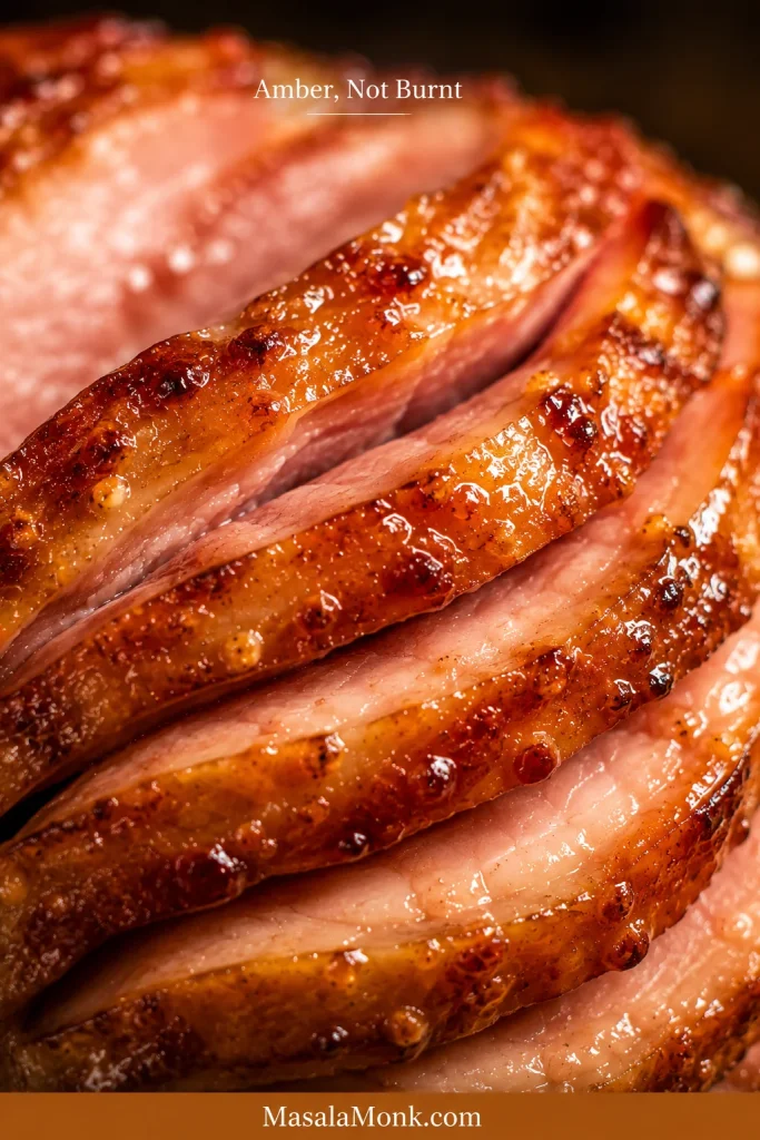 Close-up of amber caramelized honey glazed ham edges with glossy browned glaze.