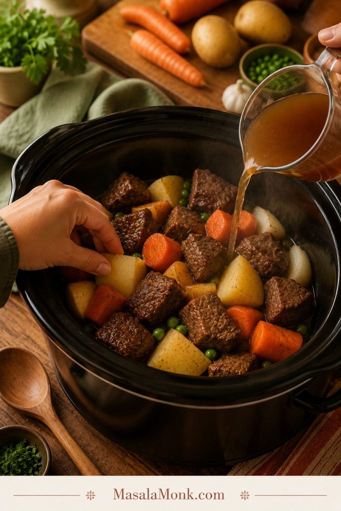Hands arranging beef and large vegetables in a slow cooker while a small amount of broth is poured around them.