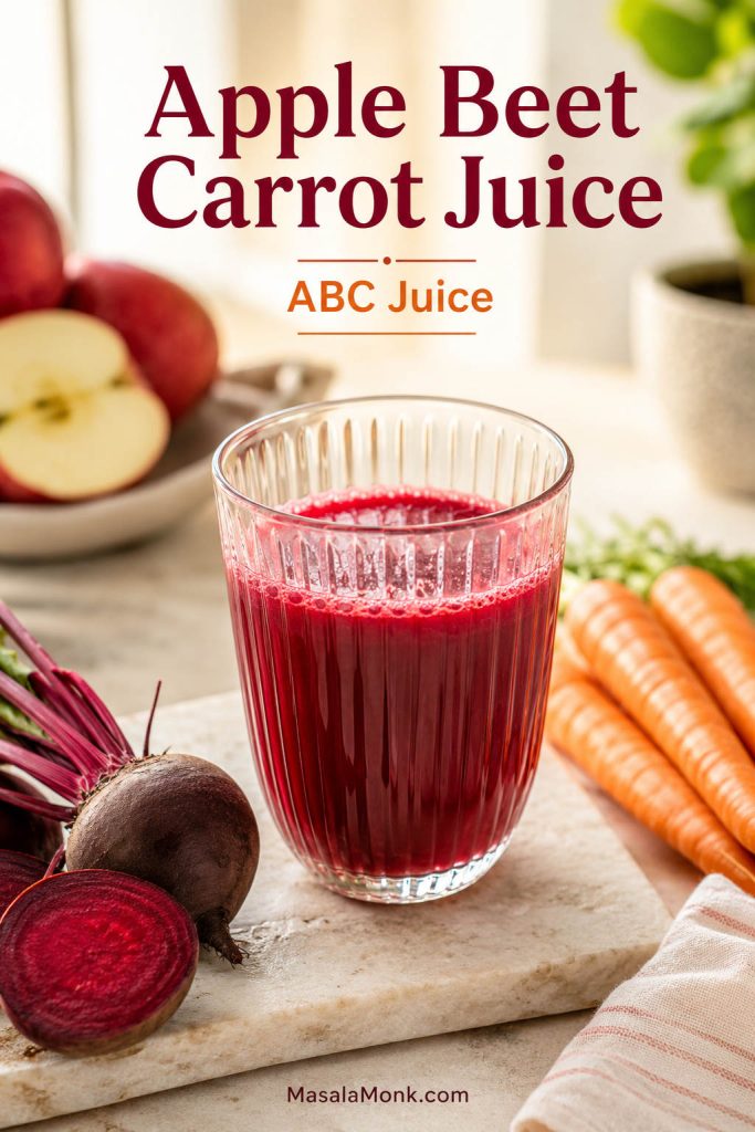 Glass of apple beet carrot juice with fresh apple, beetroot, and carrots on a bright breakfast-style kitchen surface.