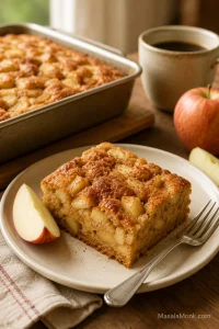 Square of fresh apple cake on a cream plate with visible apple pieces and a fork nearby.